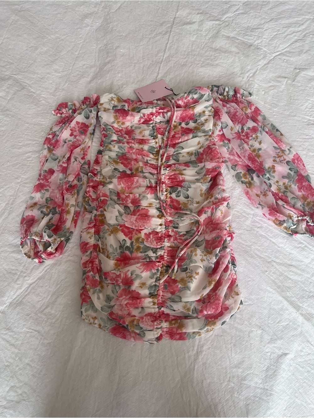 Hello Molly NEW Ruched Bodycon RUSH Dress Size XS Wild Freesia Pink Puff Sleeve - Picture 6 of 15